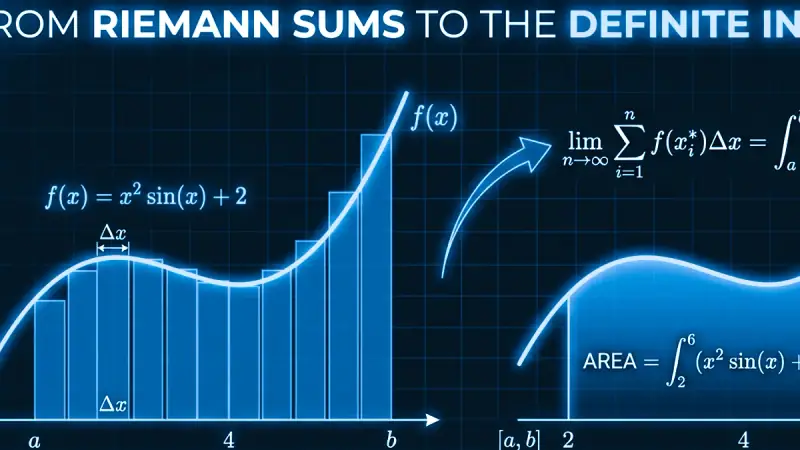 Visuelle Darstellung der Integrationsprinzipien: von diskreten Riemann-Zerlegungen bis zu stetigen Stammfunktionen und bestimmten Integralen. Schritt-für-Schritt-Analysis-Diagramm: Übergang von Riemannschen Rechtecksummen zur exakten bestimmten Integralfläche unter f(x).