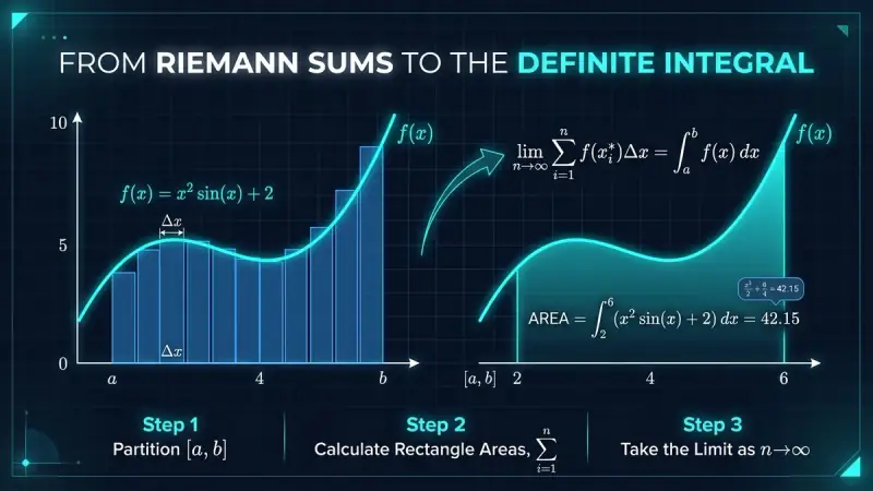 Step-by-step calculus diagram showing transition from Riemann rectangle sums to the exact definite integral area under curve f(x).