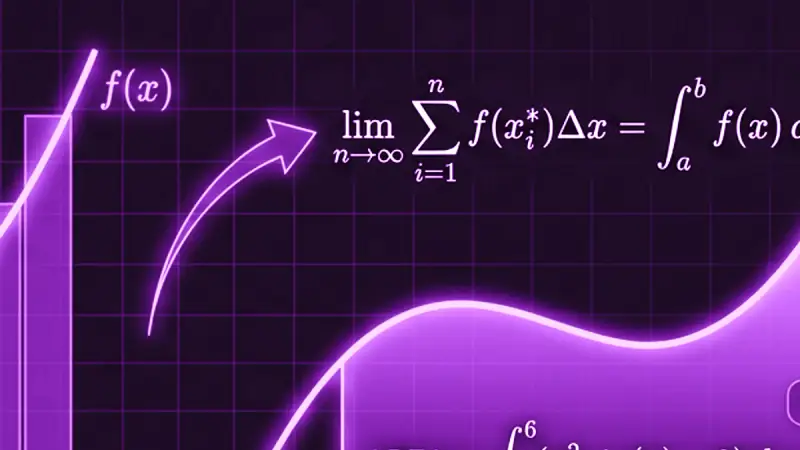 Schéma de calcul intégral montrant la transition des sommes de rectangles de Riemann vers l'aire exacte sous la courbe f(x).