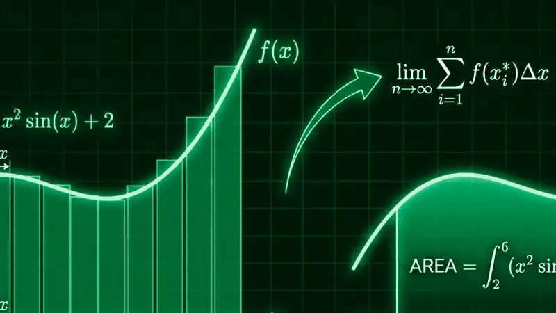 Diagrama de cálculo passo a passo mostrando a transição das somas de Riemann para a área exata do integral definido sob a curva f(x).
