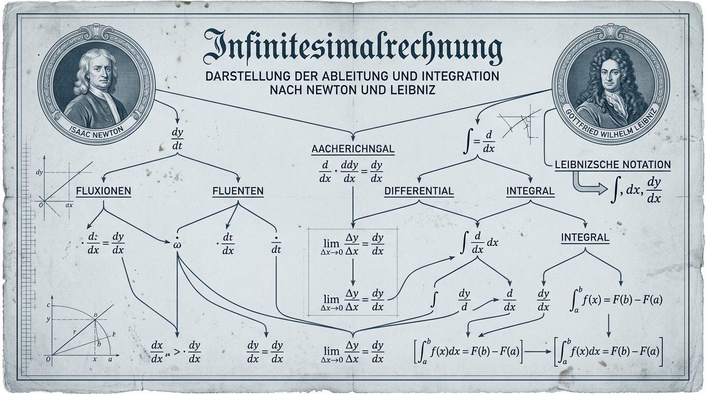 Technische Blueprint-Zeichnung 'Infinitesimalrechnung' mit Medaillons-Porträts von Newton und Leibniz, verbunden durch einen Ableitungsbaum mit Fluxionen, Differentialen und ∫-Notation.