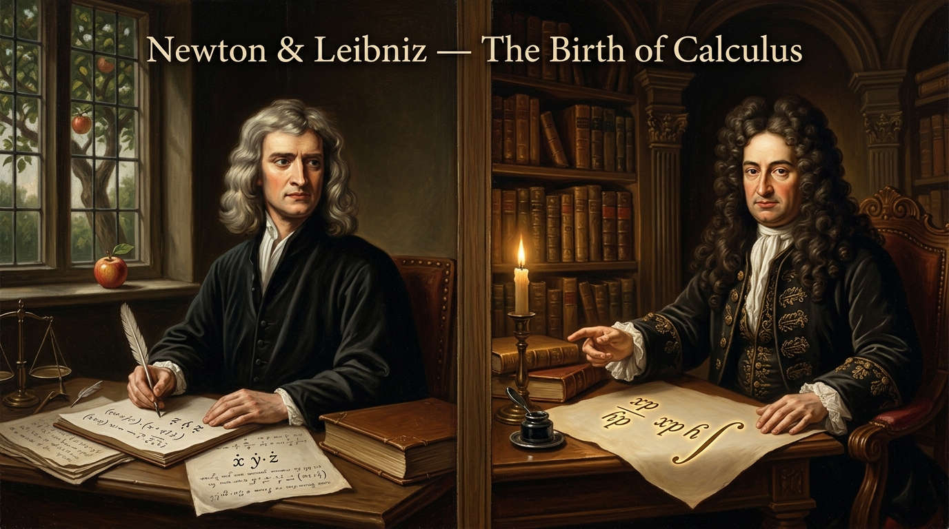 Split oil painting portrait: Isaac Newton writing fluxion notation beside an apple tree window, and Gottfried Leibniz in a baroque library pointing at the glowing ∫ integral symbol on parchment.