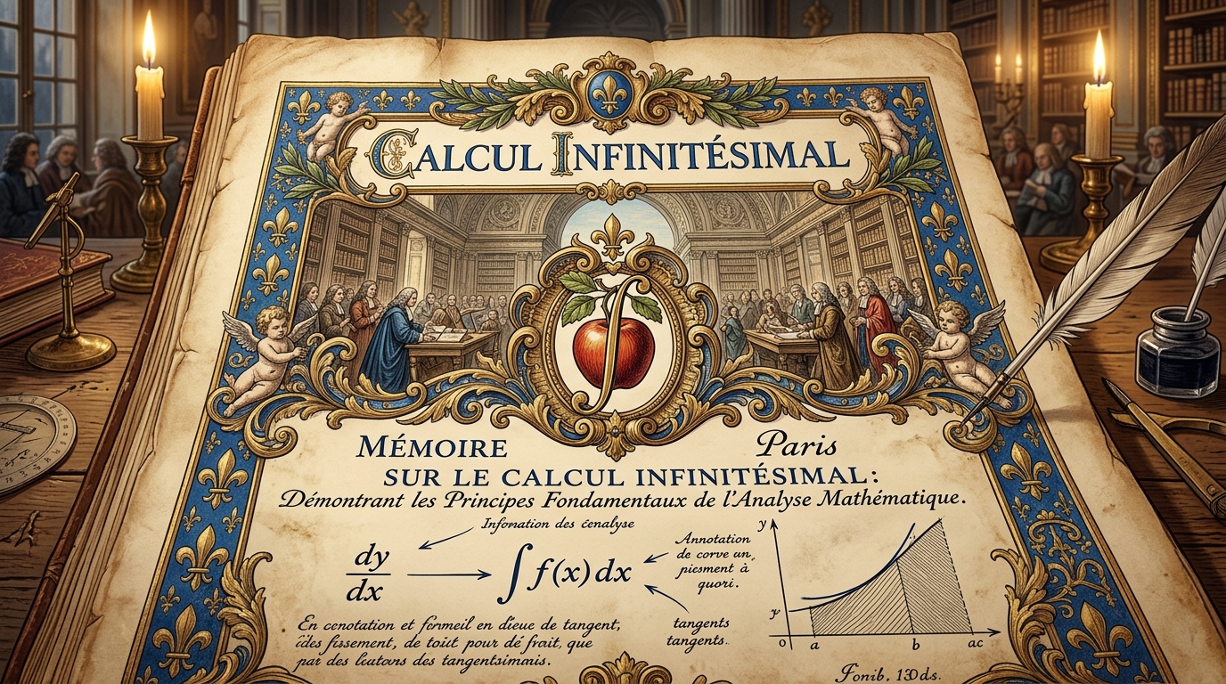 Manuscrit enluminé de l'Académie française avec 'Calcul Infinitésimal' en calligraphie baroque dorée, fleurs de lys, formules dy/dx et ∫f(x)dx sur parchemin à la chandelle.