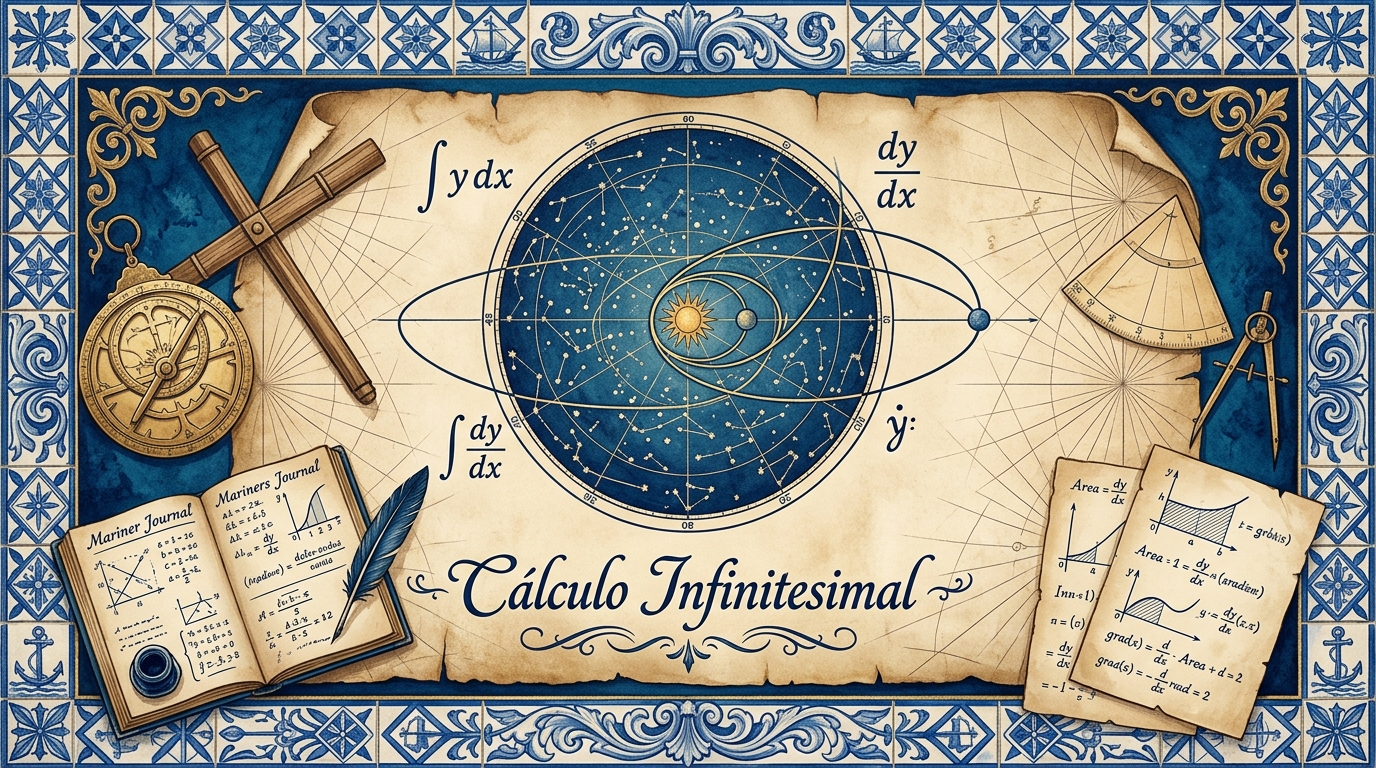 Carte céleste nautique 'Cálculo Infinitesimal' sur parchemin encadrée d'azulejos bleus portugais, avec astrolabe, sextant, orbites de Newton et formules ∫ydx et dy/dx.