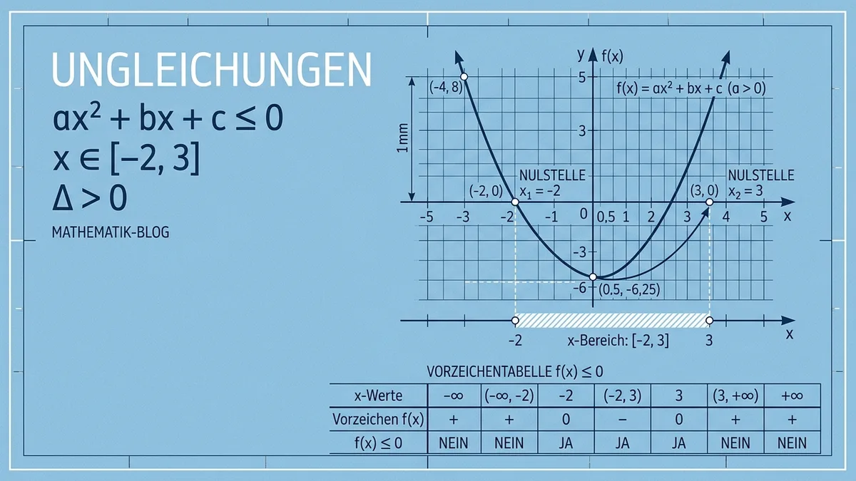 Technische Blueprint-Zeichnung einer quadratischen Ungleichung mit Vorzeichentabelle und Parabola.