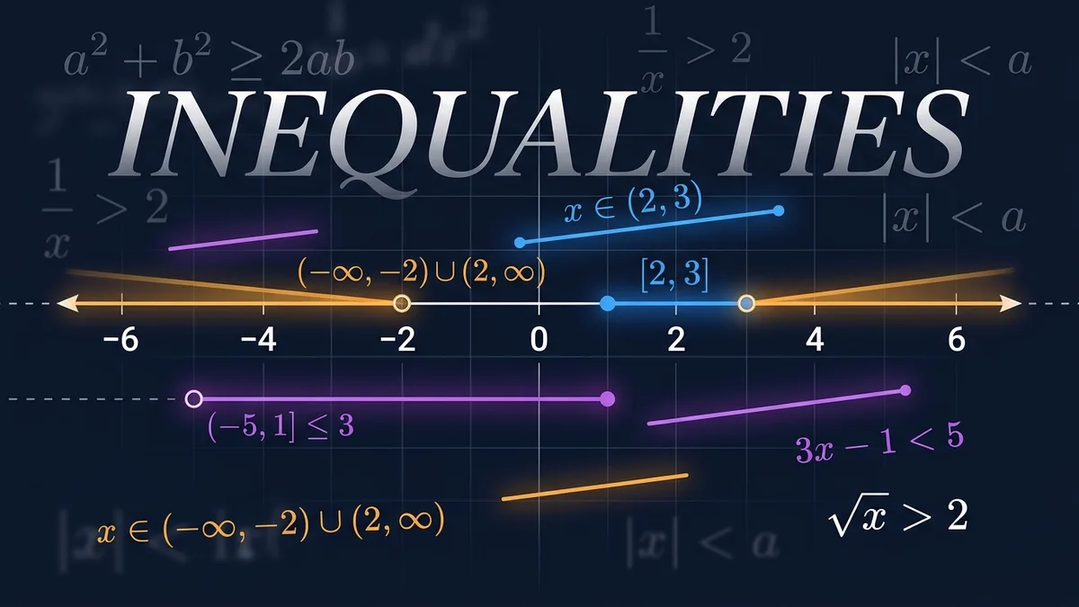 Number lines and solution intervals visualized on a dark navy background with colored inequality symbols.