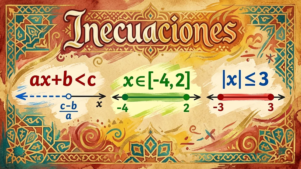 Inecuaciones matemáticas representadas con símbolos coloridos sobre fondo de pergamino con motivos mosaico islámico.