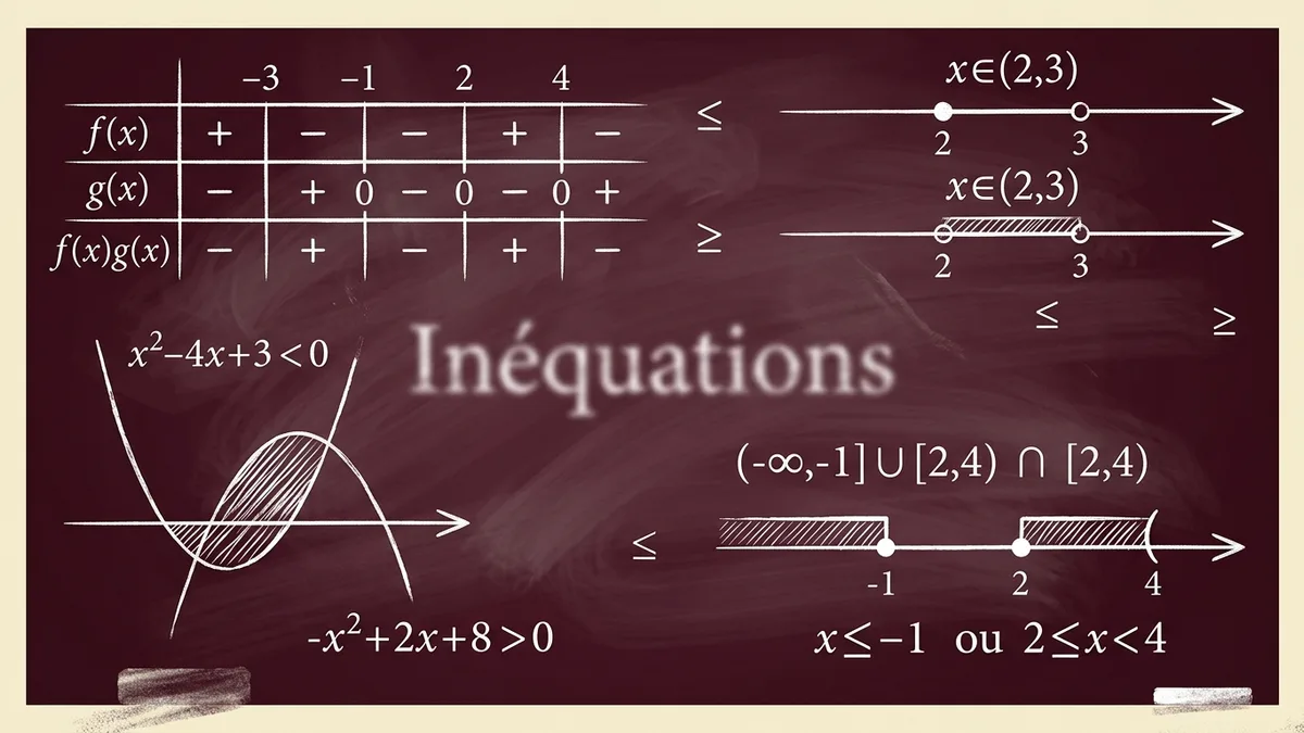 Tableau de signes et intervalles solutions dessinés à la craie sur un tableau noir académique français.