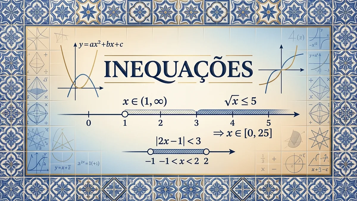 Inéquations matemáticas com azulejos portugueses azuis e brancos emoldurando intervalos numa reta numérica.