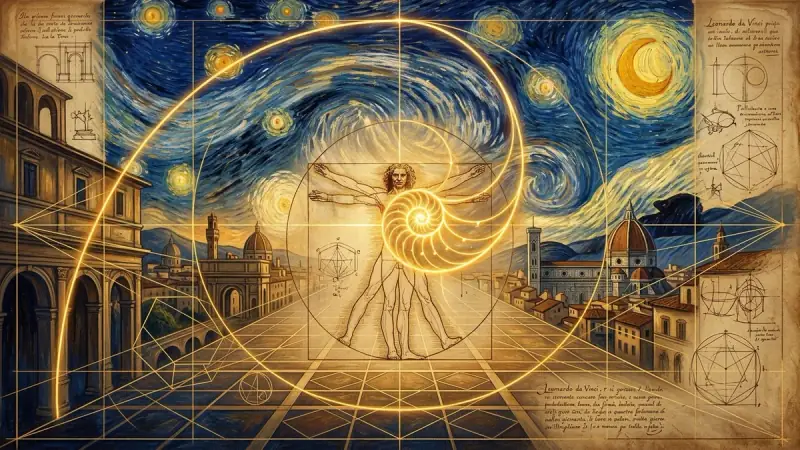 Sacred geometry, Golden Ratio spiral, Leonardo da Vinci's Vitruvian Man, and Van Gogh starry swirls in a Renaissance composition.