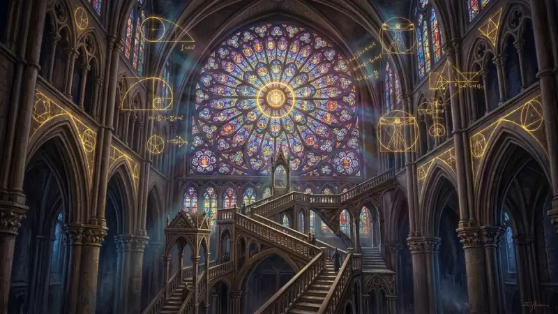 Rosace gothique rayonnante de spirales de Fibonacci, escaliers impossibles à la Escher et géométrie sacrée d'une cathédrale.