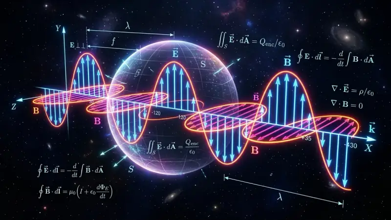 Maxwell's electromagnetic wave propagation with perpendicular electric and magnetic vector fields and closed Gaussian flux sphere.