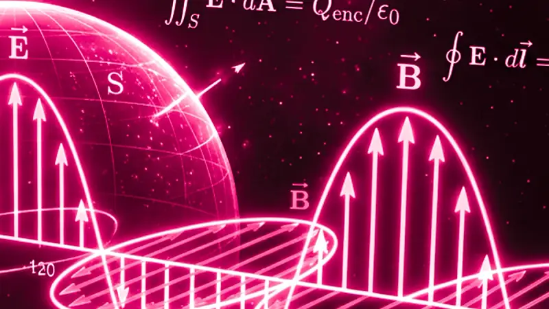 Propagación de ondas electromagnéticas de Maxwell con campos vectoriales eléctrico y magnético ortogonales y esfera gaussiana de flujo.