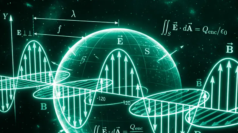 Propagação de ondas eletromagnéticas de Maxwell com campos elétrico e magnético ortogonais e esfera gaussiana de fluxo.
