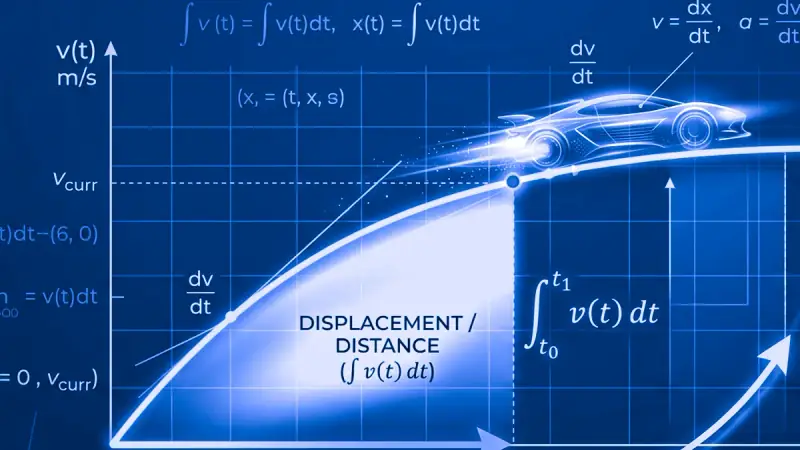 Geometrische Veranschaulichung des bestimmten Integrals der Geschwindigkeit: Unterschied zwischen vorzeichenbehafteter Verschiebung und Wegstrecke. Kinematische Geschwindigkeits-Zeit-Kurve mit hervorgehobener Integralfläche zum Vergleich von Verschiebung und Gesamtdistanz.