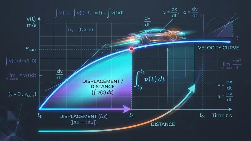 Kinematics velocity-time curve with highlighted integral area comparing net displacement versus total distance traveled.