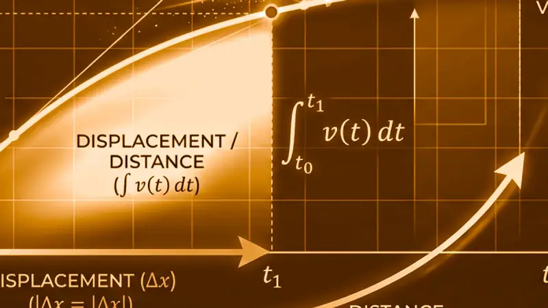 Visualisation géométrique de l'intégrale définie de la vitesse : distinction entre déplacement signé et distance absolue. Courbe vitesse-temps cinématique avec aire intégrale en surbrillance illustrant le déplacement net et la distance totale parcourue.