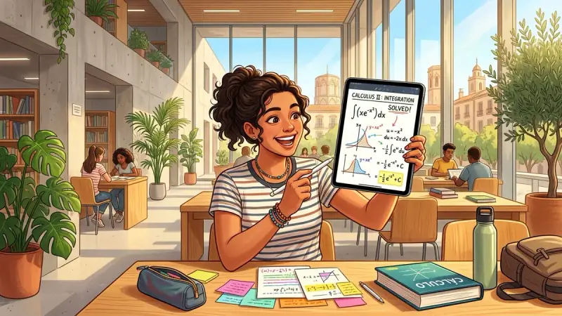 Estudiante resolviendo problemas matemáticos con confianza usando herramientas digitales y explicaciones paso a paso.