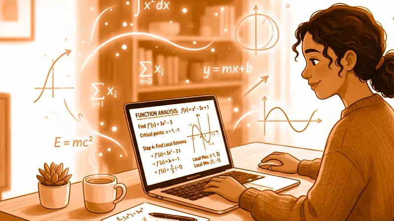 Estudante resolvendo problemas de matemática com confiança usando ferramentas digitais e explicações passo a passo.